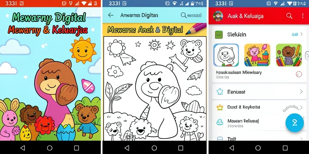 Antarmuka aplikasi Mewarnai Digital 333I menampilkan berbagai pilihan warna dan gambar.