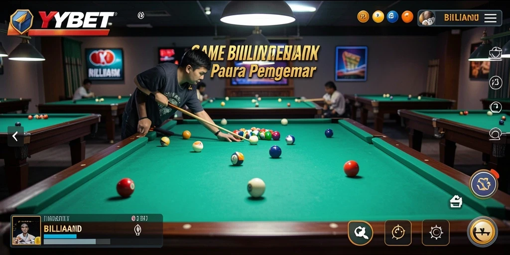 Tampilan antarmuka permainan Billiard yang menarik dan interaktif.